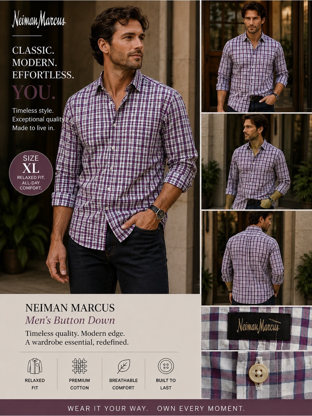 Neiman Marcus Men's Plaid Button-Down Shirt - Purple/White size XL
